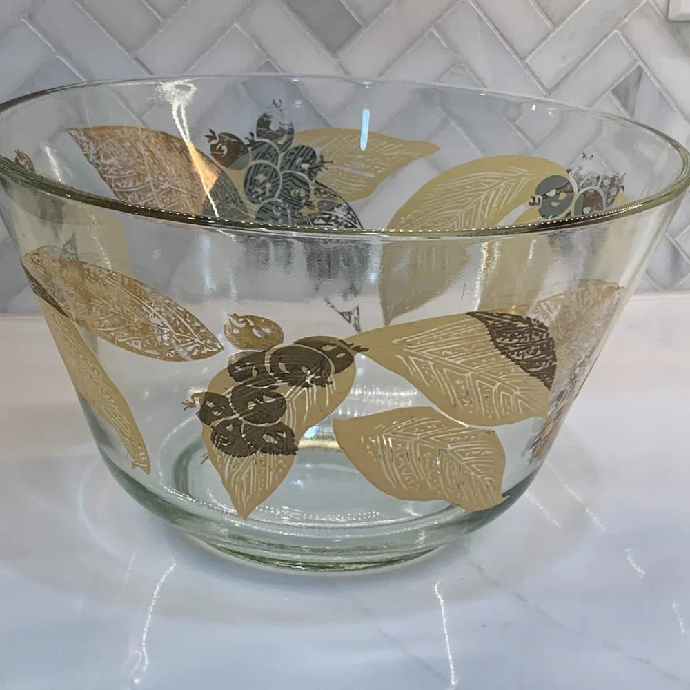 Vintage MCM Salad Bowl -Gold Leaf and Berries -Large